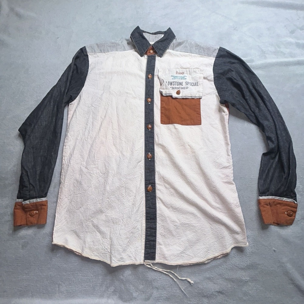 Feed Sacks Yellowstone Special Flour Train Patchwork Button Shirt USA M